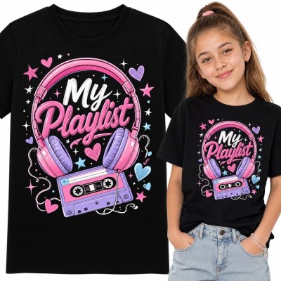 Koszulka dziewczęca „My Playlist” z dużymi słuchawkami i kasetą