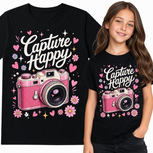 Koszulka dziewczęca z aparatem retro „Capture Happy” - różowy motyw fotograficzny