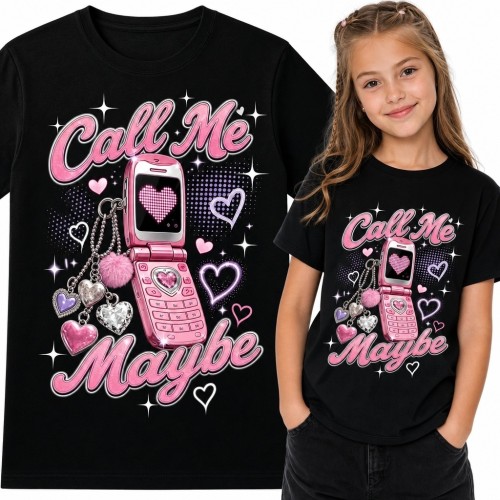 Koszulka dziewczęca „Call Me Maybe” z różowym telefonem z klapką - wzór Y2K z sercami