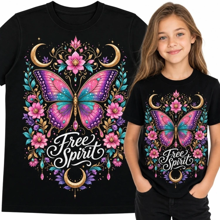 Koszulka dziewczęca z motylem i kwiatami „Free Spirit” - kolorowy wzór boho