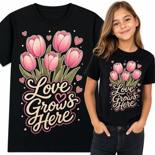 Koszulka dziewczęca z tulipanami „Love Grows Here” - kwiatowy motyw