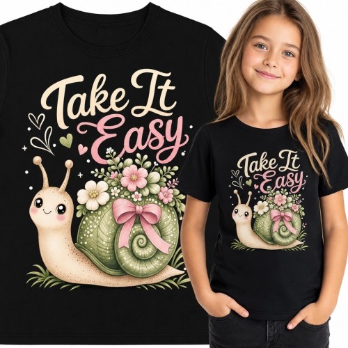 Koszulka dziewczęca ze ślimakiem i kwiatami „Take It Easy” - pastelowy wzór