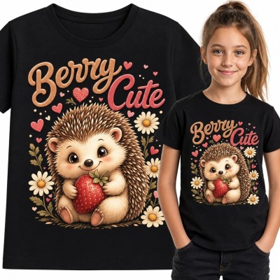 Koszulka dziewczęca „Berry Cute” - jeż z truskawką i stokrotkami