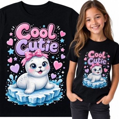 Koszulka dziewczęca z foką „Cool Cutie” - pastelowy wzór kawaii