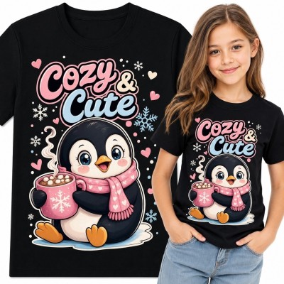 Koszulka dziewczęca „Cozy &amp; Cute” - zimowy pingwin z kubkiem