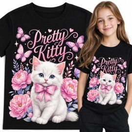 Koszulka dziewczęca „Pretty Kitty” z kotkiem, piwoniami i motylami - czarna
