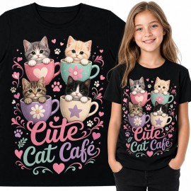 Koszulka dziewczęca z kociętami w filiżankach „Cute Cat Café”