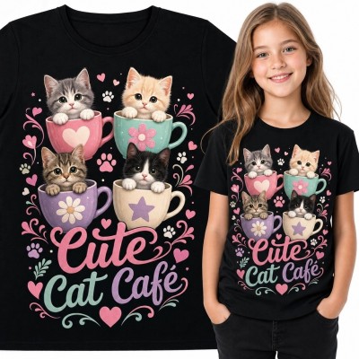 Koszulka dziewczęca z kociętami w filiżankach „Cute Cat Café”