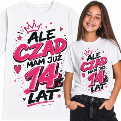 Koszulka dziewczęca na 14 urodziny „Ale czad, mam już 14 lat” - biała z różową liczbą 14 i rozpryskami