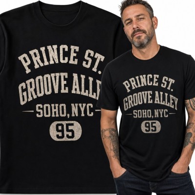 Koszulka męska z nowojorskim nadrukiem „Prince St. / Groove Alley” - retro college