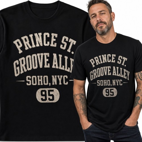 Koszulka męska z nowojorskim nadrukiem „Prince St. / Groove Alley” - retro college