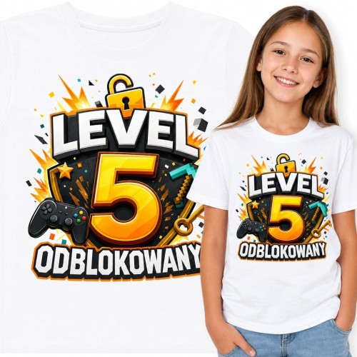 Koszulka dziewczęca na 5 urodziny z kontrolerem - „Level 5 odblokowany”