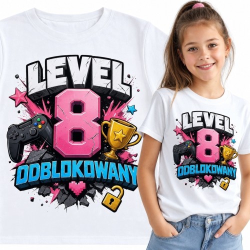 Koszulka dziewczęca na 8 urodziny - „Level 8 odblokowany”