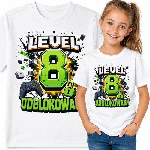 Koszulka dziewczęca na 8 urodziny z nadrukiem „Level 8 odblokowany” - gamingowy motyw