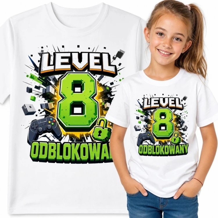 Koszulka dziewczęca na 8 urodziny z nadrukiem „Level 8 odblokowany” - gamingowy motyw