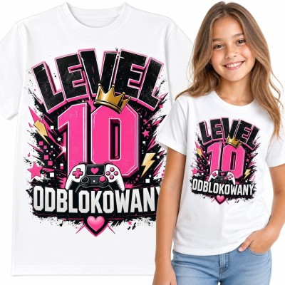 Koszulka dziewczęca „Level 10 odblokowany” na 10 urodziny - gamingowy motyw