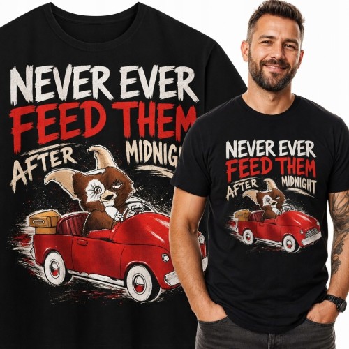 Koszulka męska z futrzastym stworem i napisem „Never Ever Feed Them After Midnight” - retro horror