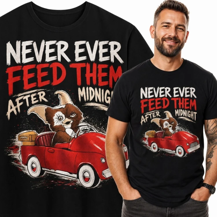 Koszulka męska z futrzastym stworem i napisem „Never Ever Feed Them After Midnight” - retro horror