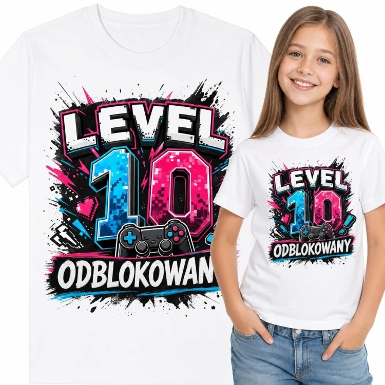 Koszulka dziewczęca dla gamerki „Level 10 odblokowany” na 10 urodziny