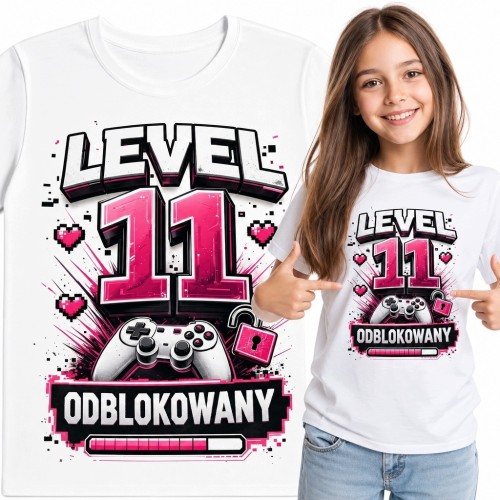 Koszulka dziewczęca na 11 urodziny - gamingowy nadruk „Level 11 Odblokowany”