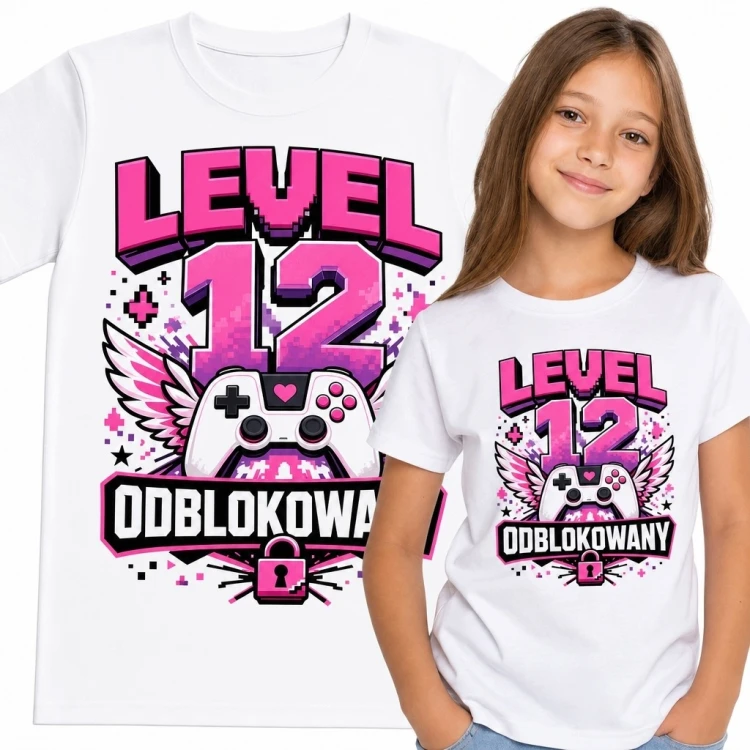 Koszulka dziewczęca na 12 urodziny z kontrolerem - „Level 12 odblokowany”