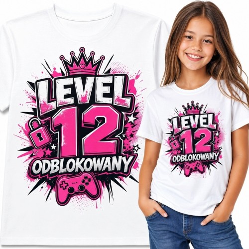 Koszulka dziewczęca na 12 urodziny „Level 12 odblokowany” - gamingowy motyw