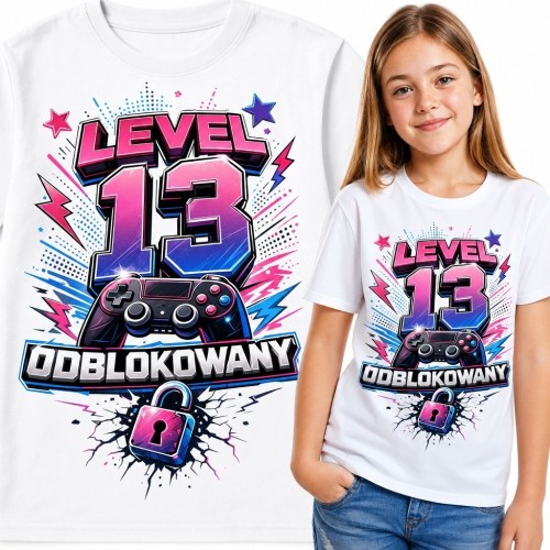 Koszulka dziewczęca na 13 urodziny „Level 13 odblokowany” - gamingowy motyw z kontrolerem