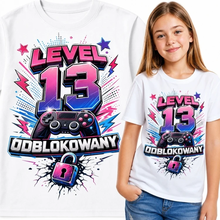Koszulka dziewczęca na 13 urodziny „Level 13 odblokowany” - gamingowy motyw z kontrolerem