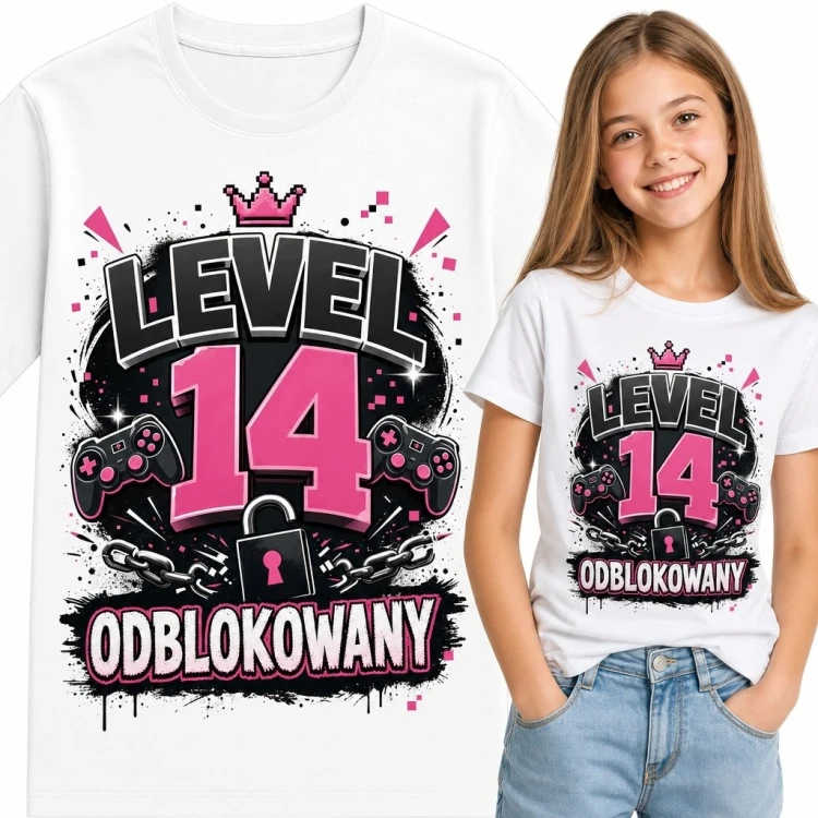 Koszulka dziewczęca na 14 urodziny „Level 14 odblokowany” - dwa kontrolery, korona i otwarta kłódka