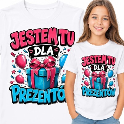 Koszulka dziewczęca „Jestem tu dla prezentów” - pudełko, balony i konfetti