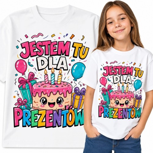 Koszulka dziewczęca na urodziny z tortem kawaii „Jestem tu dla prezentów” - kolorowy nadruk