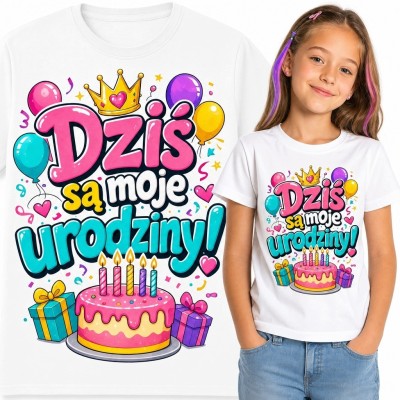 Koszulka dziewczęca na urodziny z tortem - „Dziś są moje urodziny!”