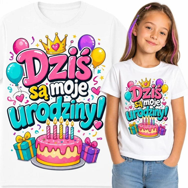 Koszulka dziewczęca na urodziny z tortem - „Dziś są moje urodziny!”