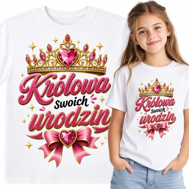Koszulka dziewczęca na urodziny „Królowa swoich urodzin” - korona, kokarda z sercem i złote gwiazdki