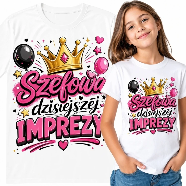 Koszulka dziewczęca „Szefowa dzisiejszej imprezy” z koroną i balonami - na przyjęcie
