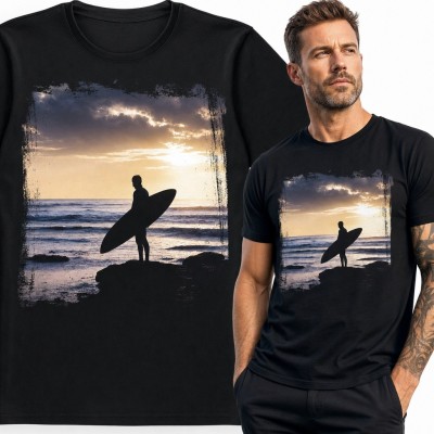 Koszulka męska z surferem nad oceanem - zachód słońca