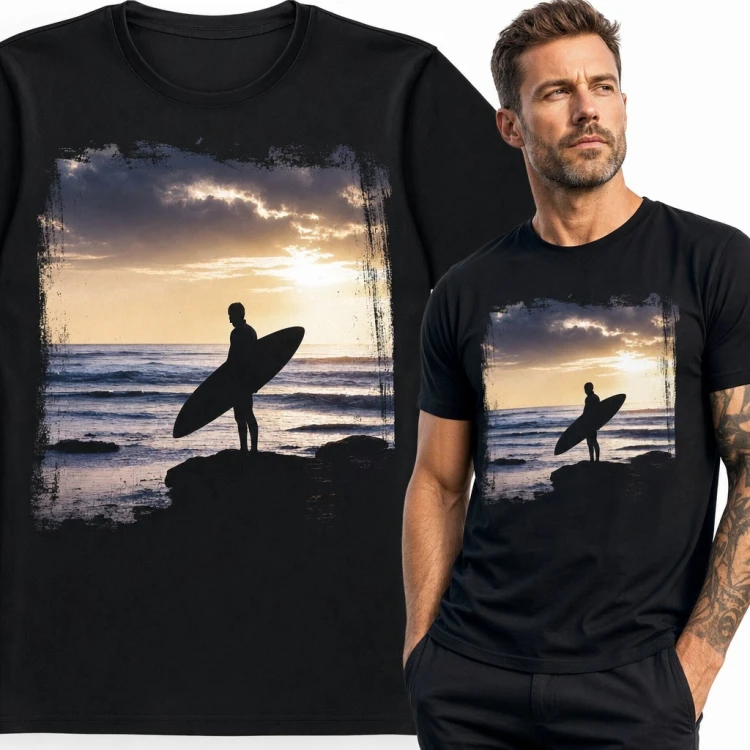 Koszulka męska z surferem nad oceanem - zachód słońca