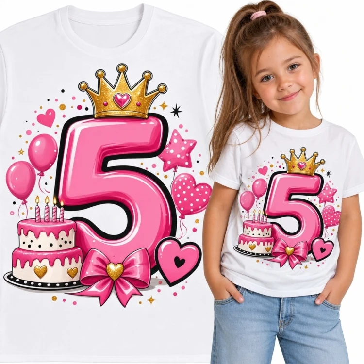 Koszulka dziewczęca „5” na 5 urodziny - korona, tort i balony
