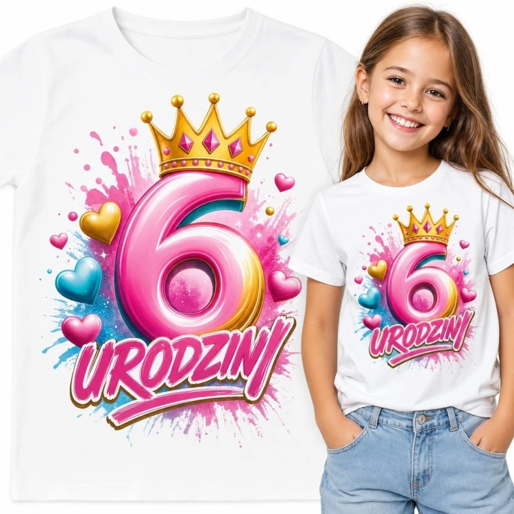 Koszulka dziewczęca na 6 urodziny - różowa szóstka w koronie i napis „6 urodziny”