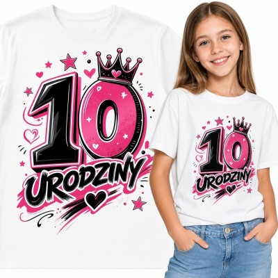 Koszulka dziewczęca na 10 urodziny - różowo-czarny nadruk „10 urodziny”