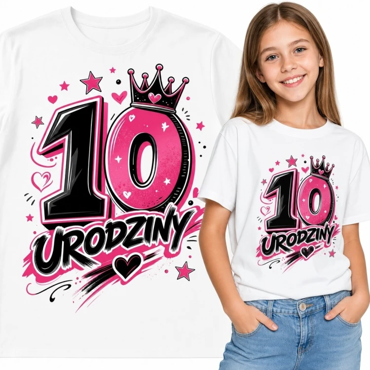 Koszulka dziewczęca na 10 urodziny - różowo-czarny nadruk „10 urodziny”