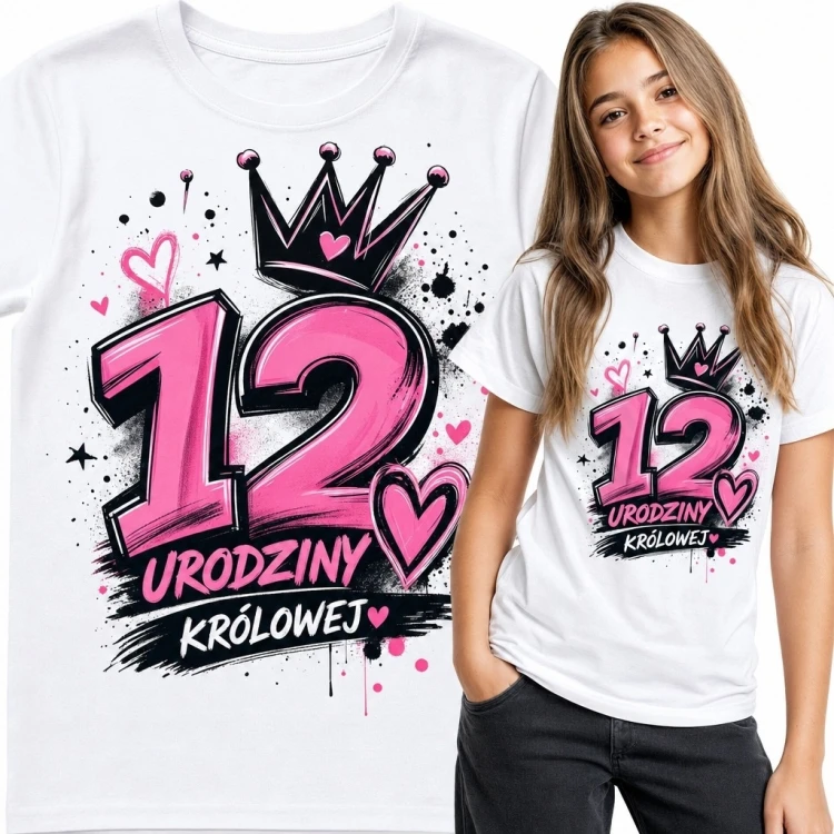 Koszulka dziewczęca na 12 urodziny „Urodziny królowej” - różowa liczba 12 z koroną