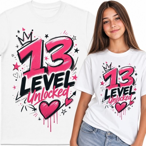 Koszulka dziewczęca na 13 urodziny - gamingowy motyw „13 Level Unlocked”