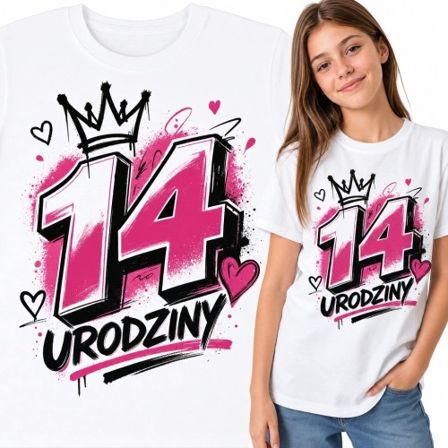 Koszulka dziewczęca na 14 urodziny z nadrukiem graffiti „14 urodziny” - korona i serca