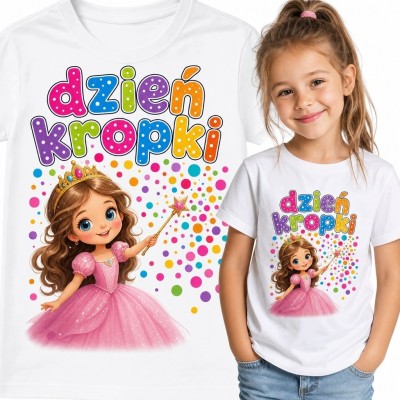 Koszulka dziewczęca na Dzień Kropki z księżniczką i napisem „Dzień kropki” - kolorowy wzór