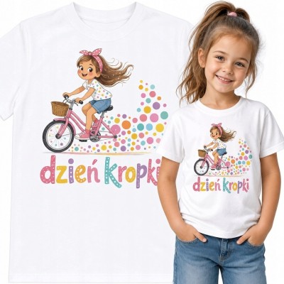 Koszulka dziewczęca na Dzień Kropki - rowerzystka i napis „Dzień kropki”