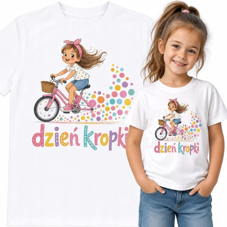 Koszulka dziewczęca na Dzień Kropki - rowerzystka i napis „Dzień kropki”