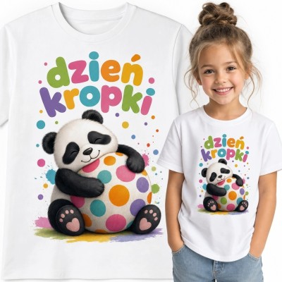 Koszulka dziewczęca z pandą i napisem „Dzień kropki” - kolorowe kropki