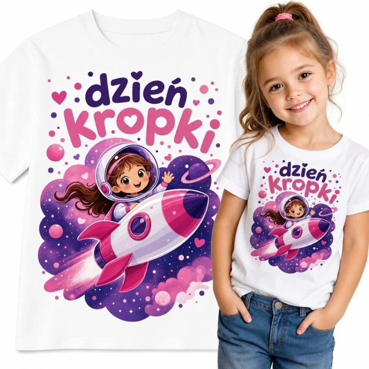 Koszulka dziewczęca na Dzień Kropki z astronautką „Dzień kropki” - kosmiczny wzór