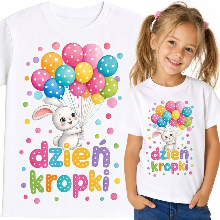Koszulka dziewczęca na Dzień Kropki z króliczkiem i balonami - „Dzień kropki”